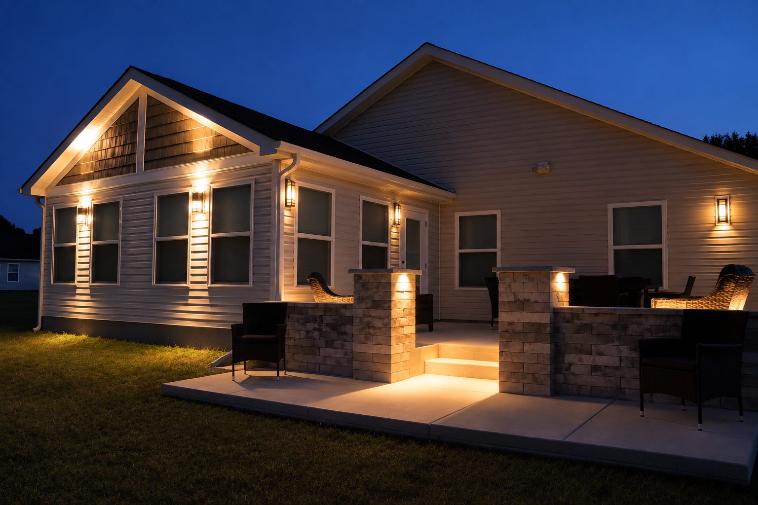 Sunroom addition and stone patio lit at dusk, with downlights on the stacked-stone columns and soffit lighting along the roofline